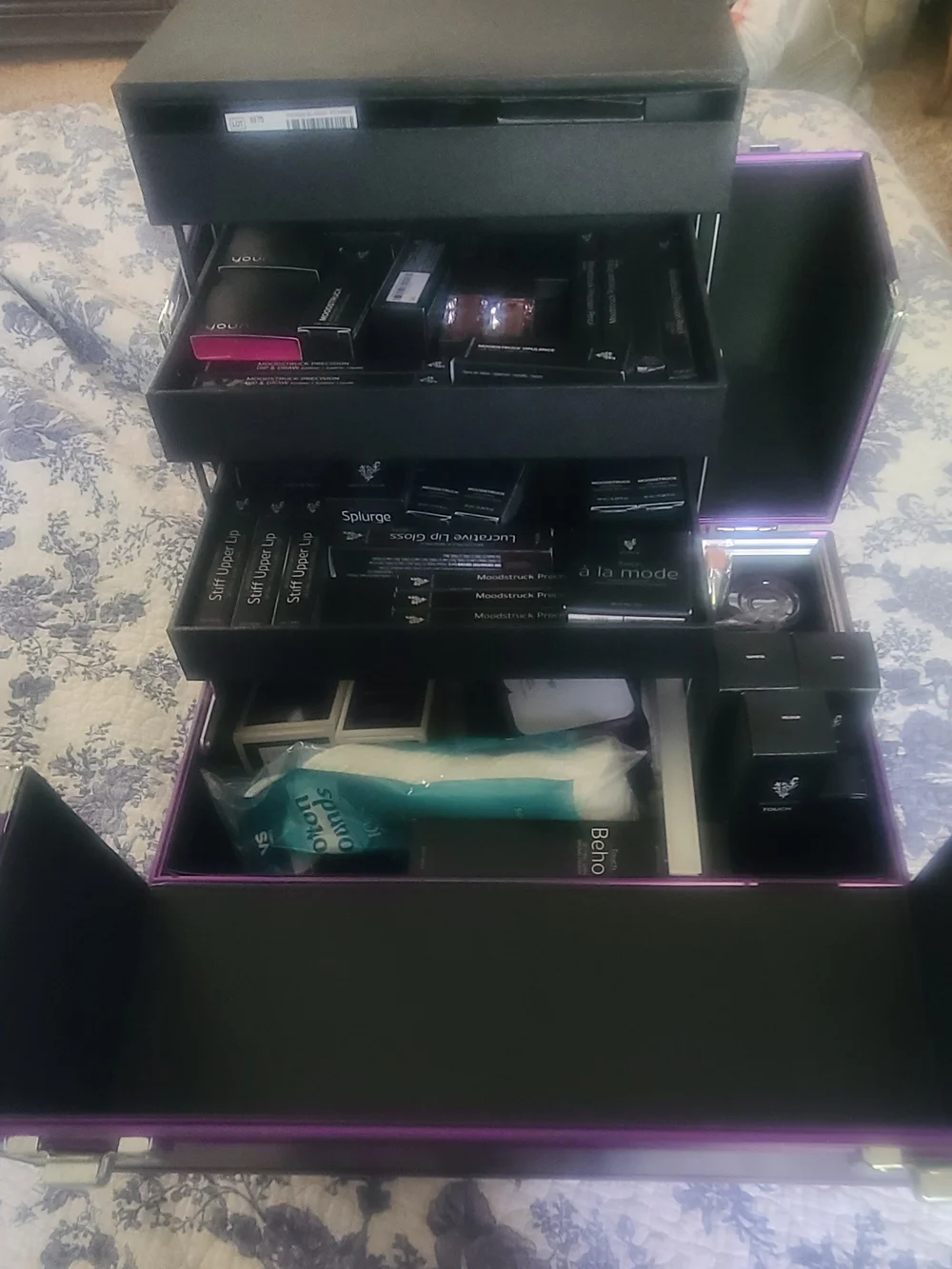 Professional Makeup Kit - Black & Purple Organizer with Assorted Cosmetics